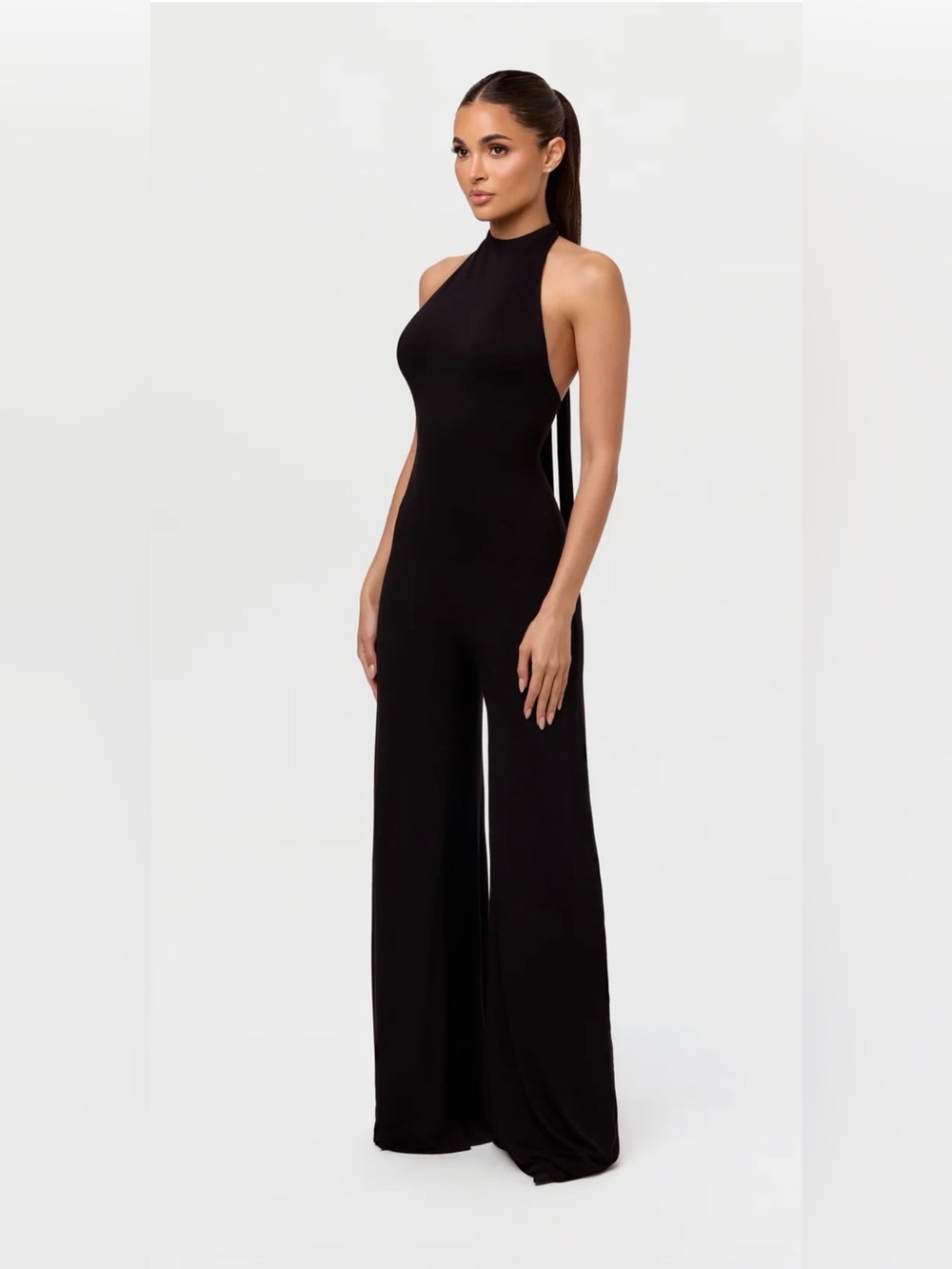 Naked Wardrobe $98 SMOOTH HALTER WIDE-LEG JUMPSUIT in black
